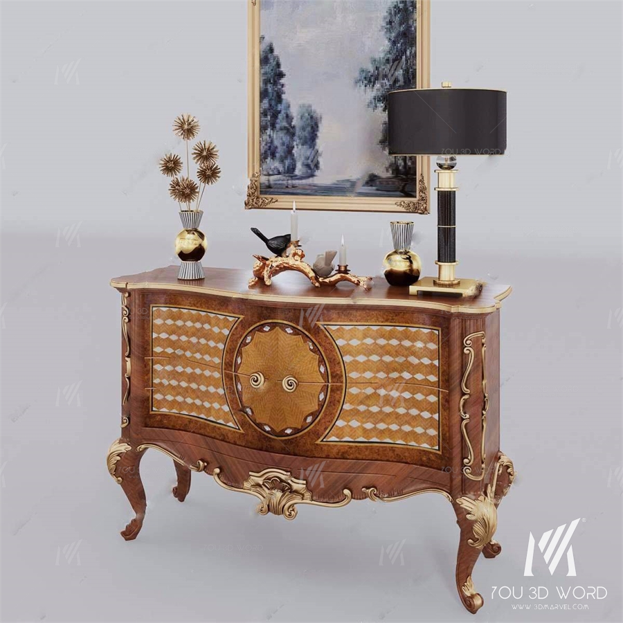 European-style side counter lamp decoration hanging painting combination 3D model